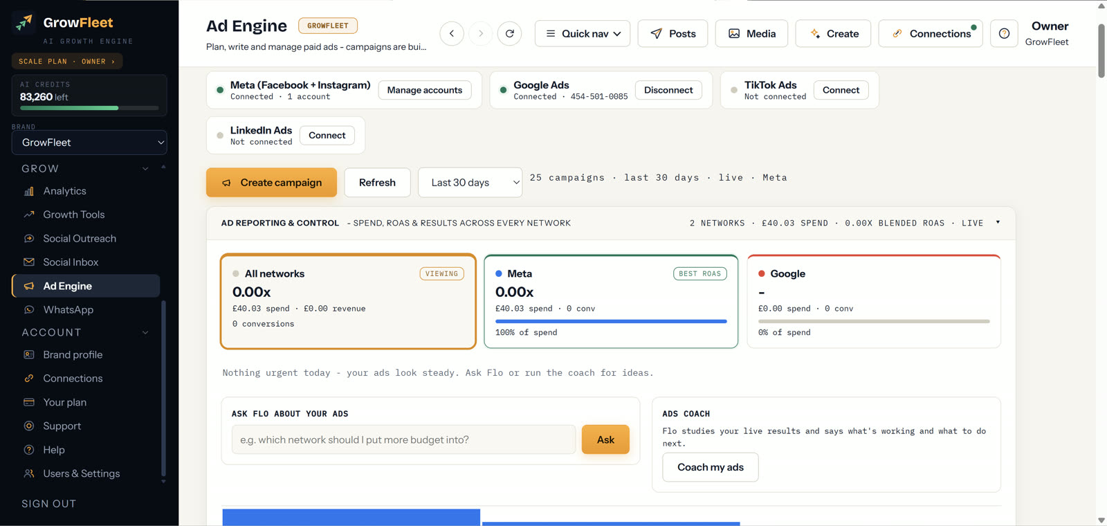GrowFleet Ads Manager building Meta, Google, TikTok and LinkedIn campaigns