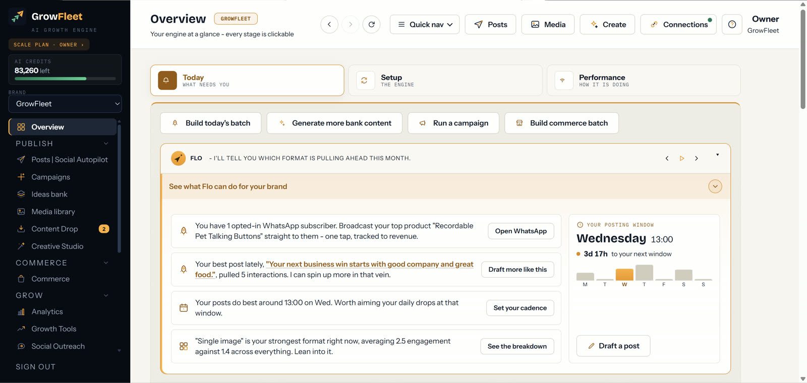GrowFleet Overview dashboard with Flo's recommended next move at the top
