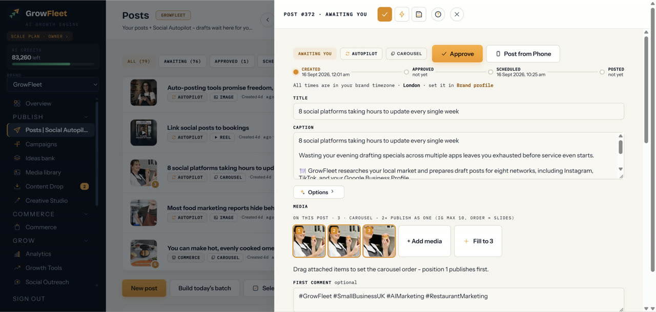 GrowFleet approval queue lining up posts across eight networks